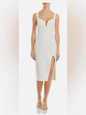 BCBGMaxAzria White V-Notch Midi Dress with Side Slit